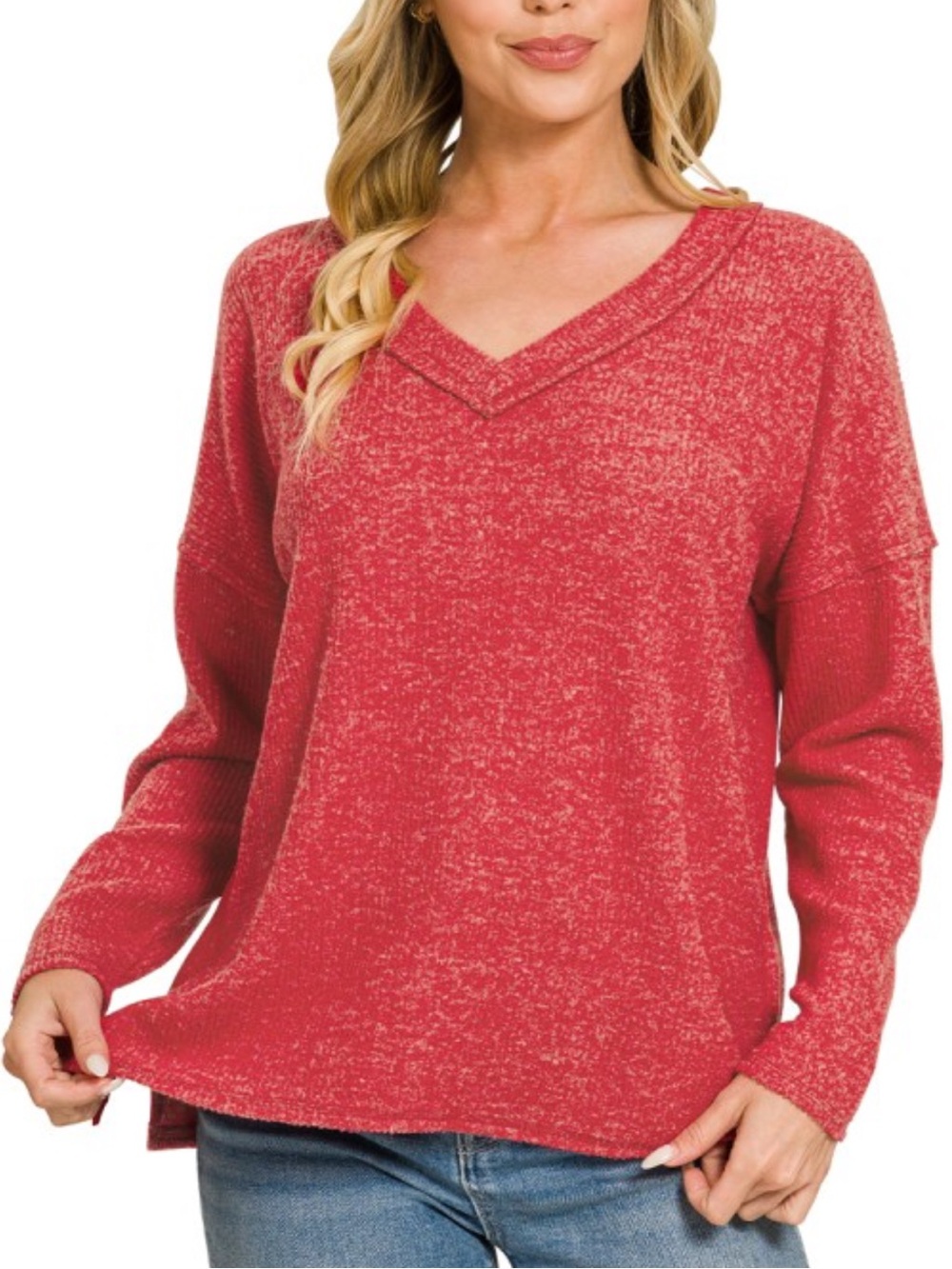 992. DARK RED WOMEN’S RIBBED V-NECK DROP SHOULDER TOP